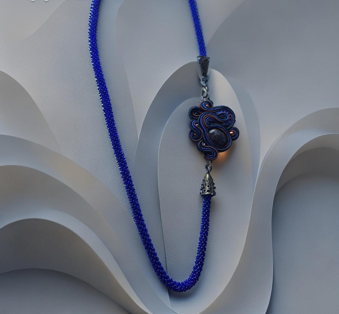 Sutažinis kaklo vėrinys melynas