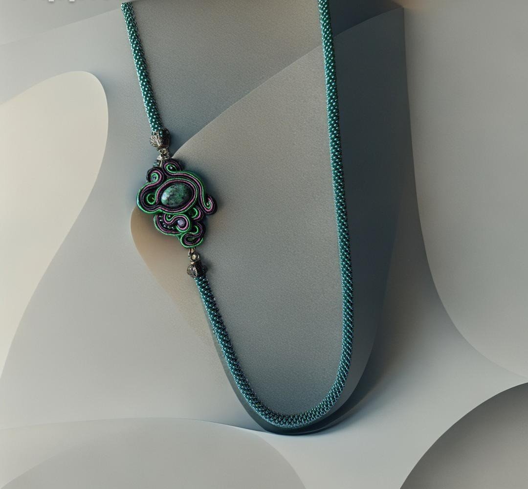 Sutažinis kaklo vėrinys su akmeniu