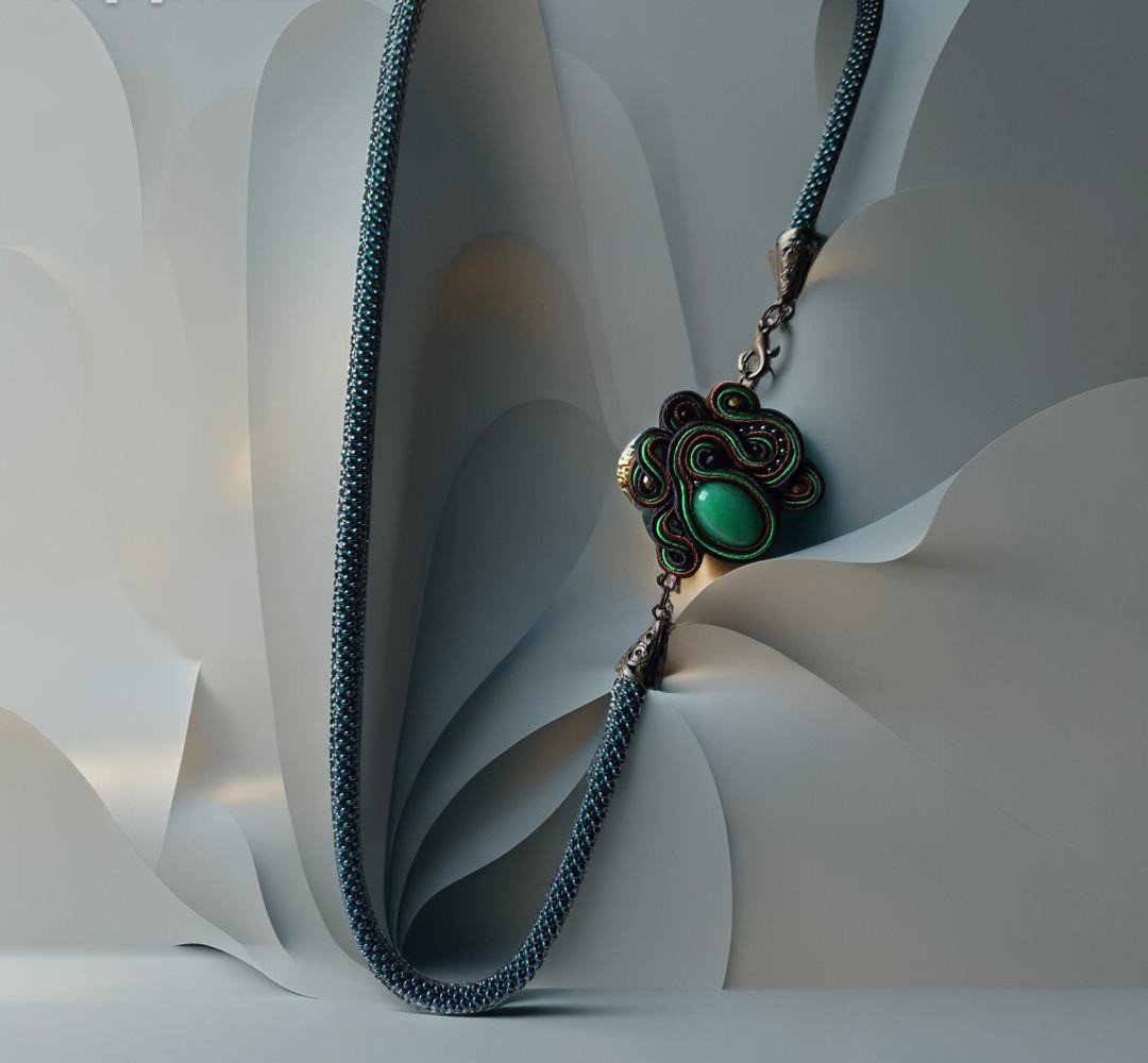 Sutažinis kaklo vėrinys su akmeniu